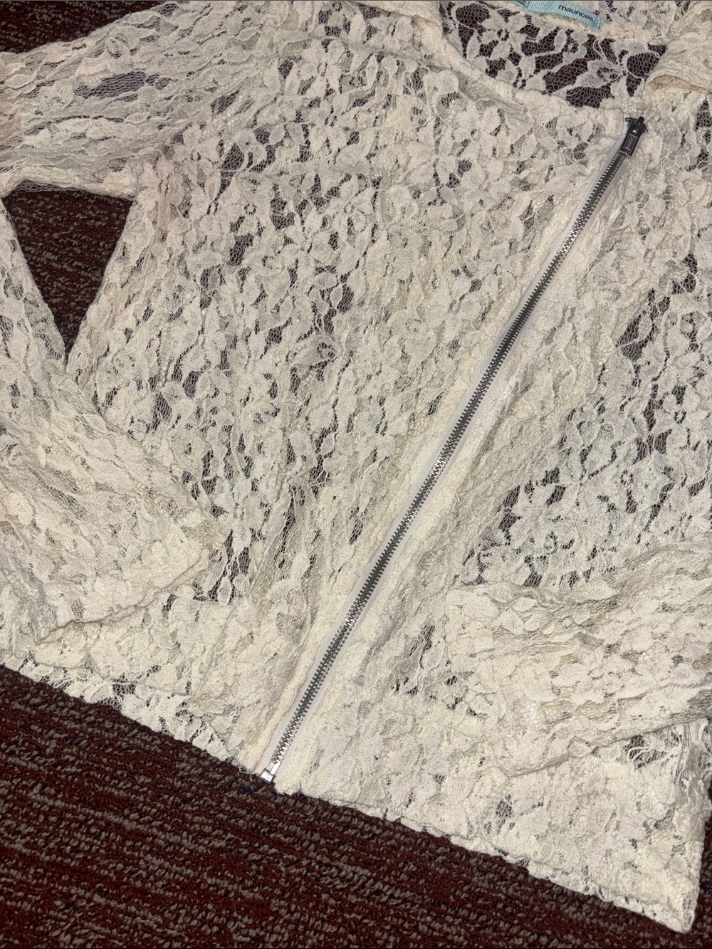 Cream lace moto jacket asymmetrical zipper collared long sleeve dainty jacket L - Picture 4 of 12